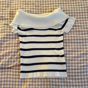 Off-Shoulder Ribbed Striped Knit Top - Ivory & Navy
